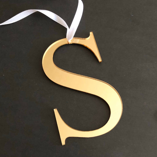 Christmas stocking letter S ornament in gold mirror