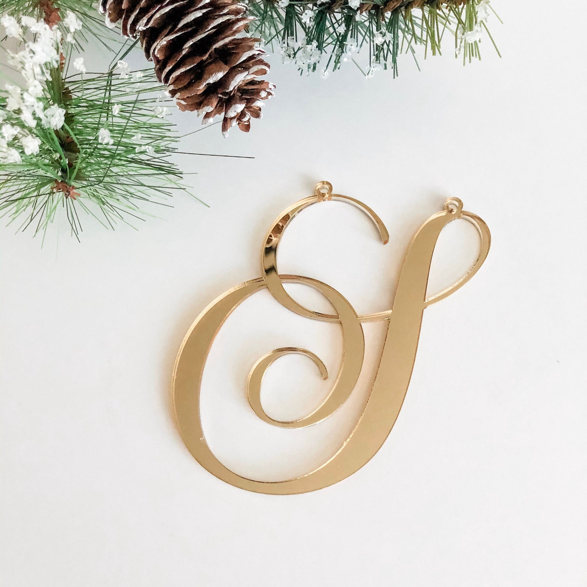 Cursive letter S for Christmas stocking ornament in gold mirror acrylic