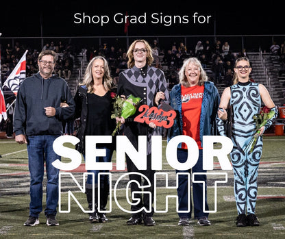 Senior night family photo for marching band with personalized grad sign for senior gift in school colors of red and black created by Potts Upscaled Designs LLC