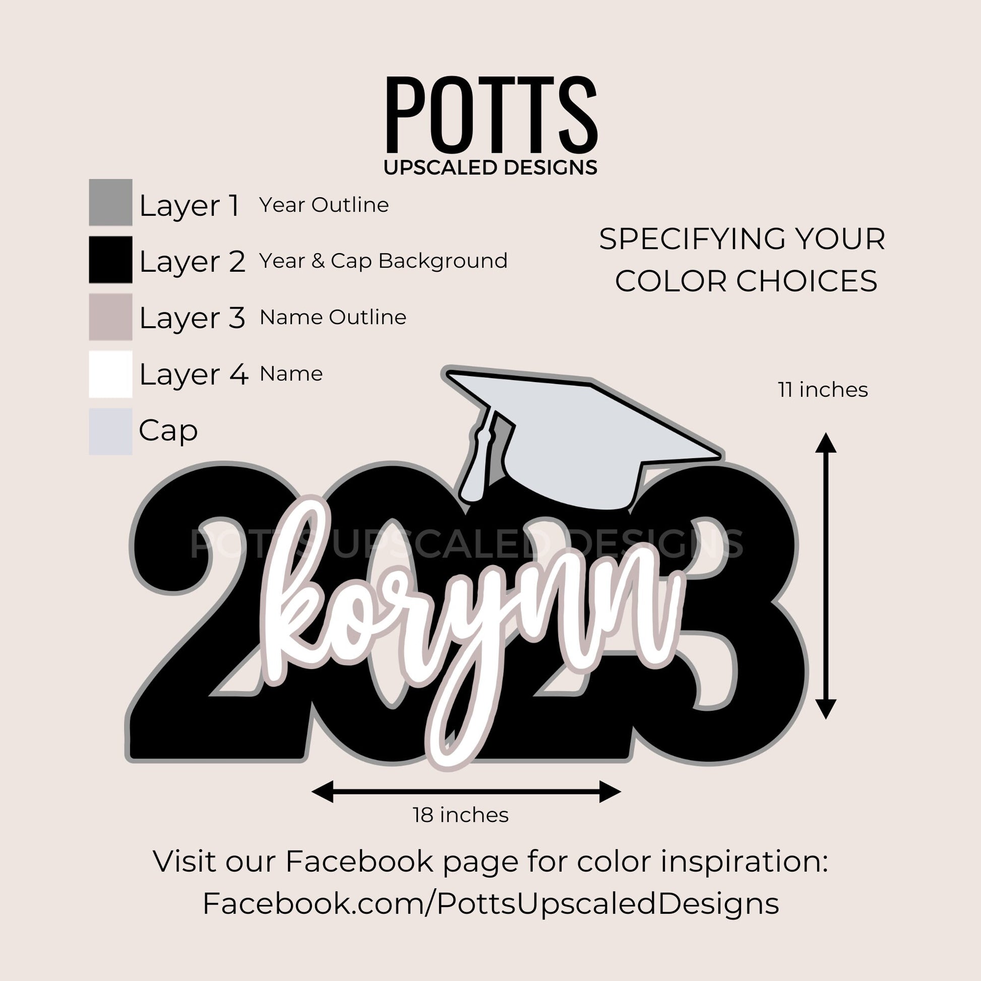 Infographic for Potts Upscaled Designs Deluxe Graduation signs to instruct how to customize each sign with desired school colors and size of 18 inches wide by 11 inches tall