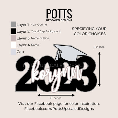 Infographic for Potts Upscaled Designs Deluxe Graduation signs to instruct how to customize each sign with desired school colors and size of 18 inches wide by 11 inches tall