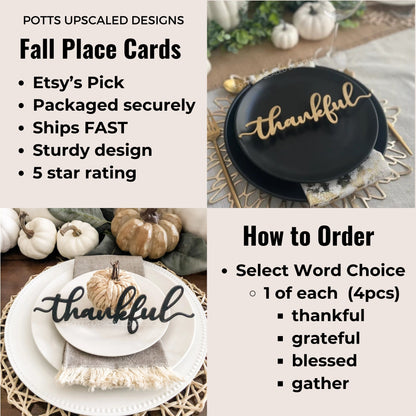 Thankful Place Card for Thanksgiving Table Decor, Set of 4 - Thankful, Blessed, Grateful and Gather
