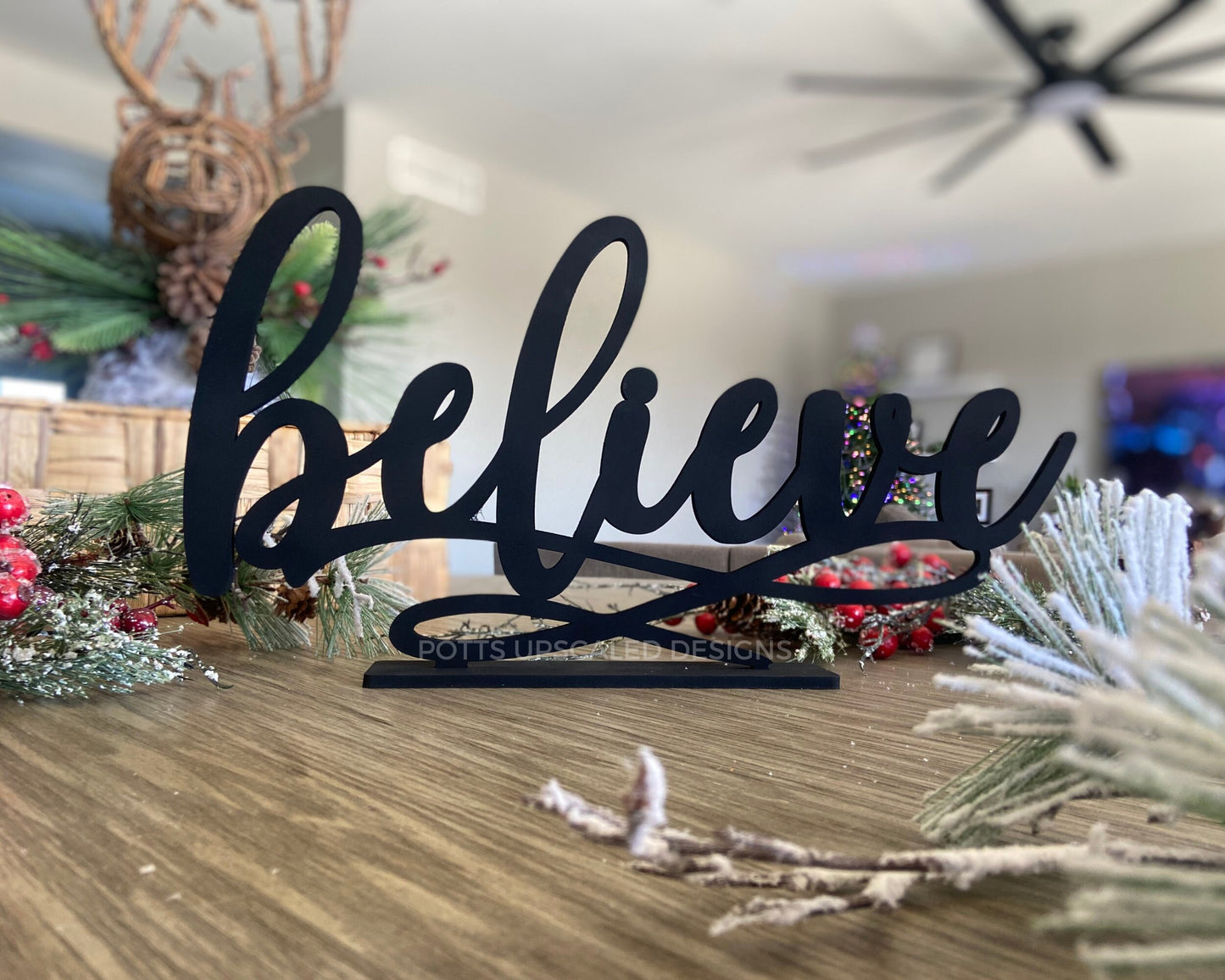 Large Cursive Believe Table Wood Sign