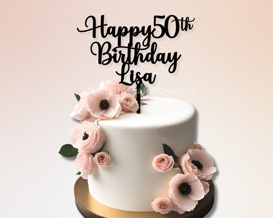 Happy 50th Birthday Lisa Cake Topper on pale pink cake with pink anemones