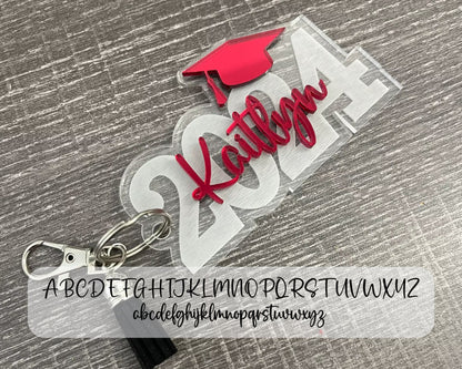 Graduation Keychain Gift, Class of 2026, Personalized Name, Silver Key Ring, Lobster Claw and Tassel Charm, Key Ring Bag Tag, 3D Layered Tag