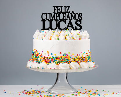 Feliz Cumpleanos Cake Topper, Personalized Name, DIY Dessert Pick Decor, Masculine Bday, Men Boys, Block Letters, Laser Cut Mirror Glitter