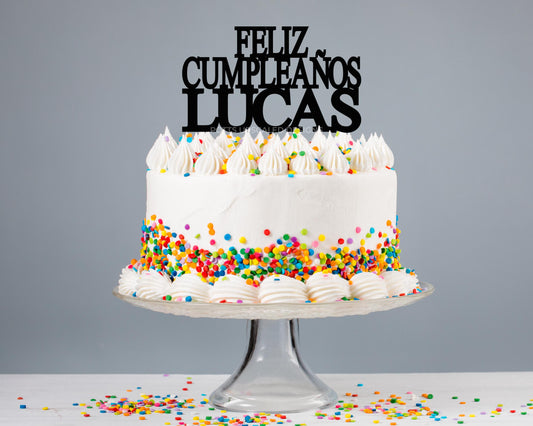 Feliz Cumpleanos Cake Topper, Personalized Name, DIY Dessert Pick Decor, Masculine Bday, Men Boys, Block Letters, Laser Cut Mirror Glitter