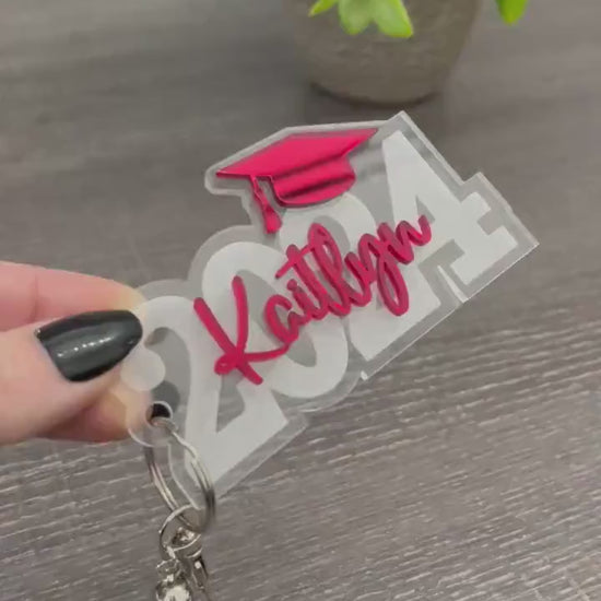Graduation Keychain Gift, Class of 2026, Personalized Name, Silver Key Ring, Lobster Claw and Tassel Charm, Key Ring Bag Tag, 3D Layered Tag