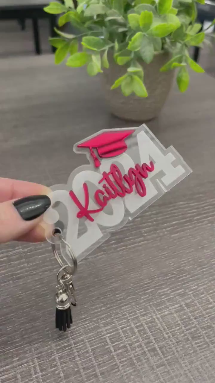 Graduation Keychain Gift, Class of 2026, Personalized Name, Silver Key Ring, Lobster Claw and Tassel Charm, Key Ring Bag Tag, 3D Layered Tag
