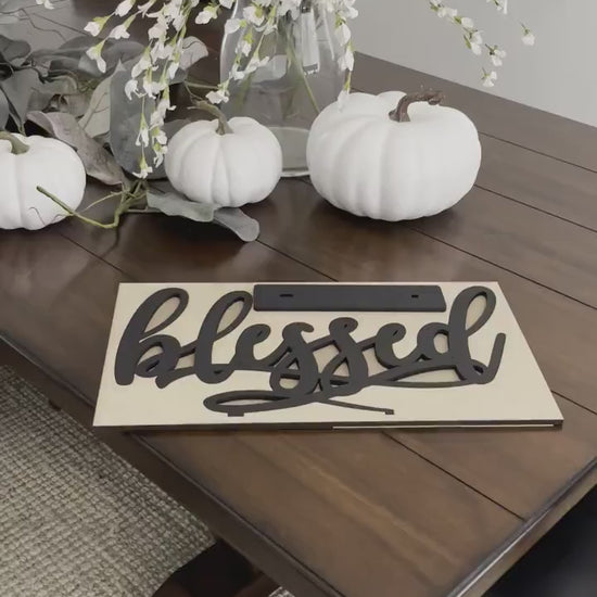 Blessed Sign with Stand, Cursive Word, Fall Table, Friendsgiving Decor, Thanksgiving Signs, Farmhouse Style, Laser Cut Wood Thankful Gather