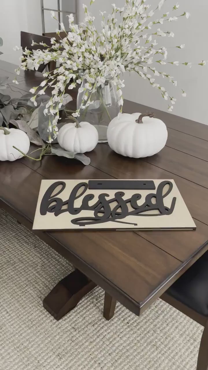 Blessed Sign with Stand, Cursive Word, Fall Table, Friendsgiving Decor, Thanksgiving Signs, Farmhouse Style, Laser Cut Wood Thankful Gather