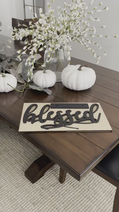 Blessed Sign with Stand, Cursive Word, Fall Table, Friendsgiving Decor, Thanksgiving Signs, Farmhouse Style, Laser Cut Wood Thankful Gather
